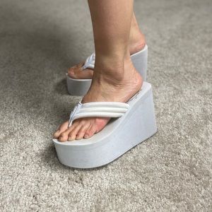 Comfiest White Wedge Thong Sandals Size 6.5